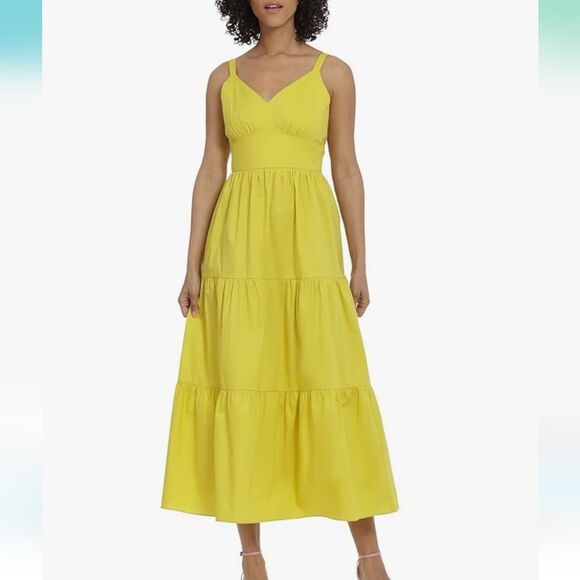 Maggy London yellow v neck cotton blend tiered maxi bright summer dress size 4 - Picture 1 of 8